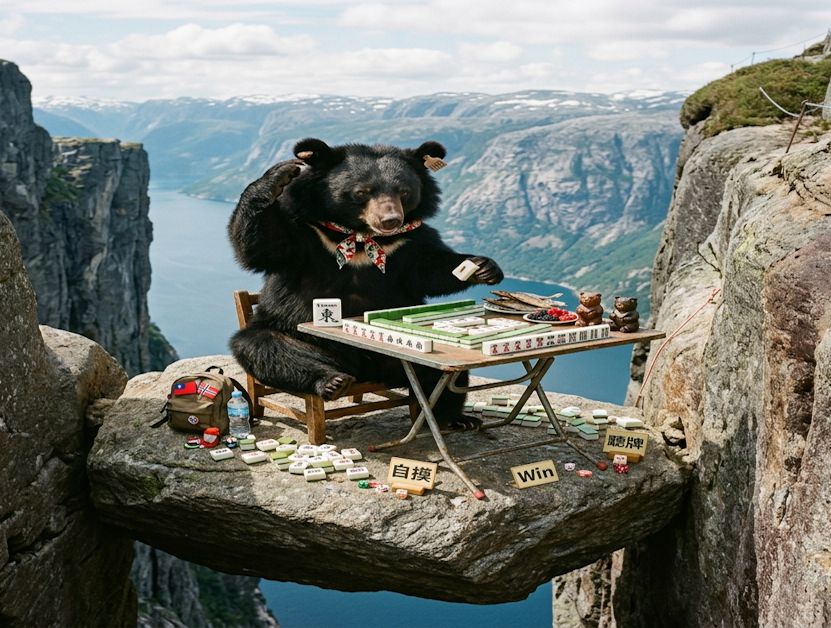 台灣黑熊,台灣熊愛打麻將,台灣黑熊打麻將,熊掌摸牌,挪威驚現台灣黑熊,謝拉格伯頓石上打牌,挪威熊界傳奇,台灣黑熊奇蹟石到此一遊,挪威萬丈深淵上打麻將,挪威羅加蘭郡台灣黑熊出沒